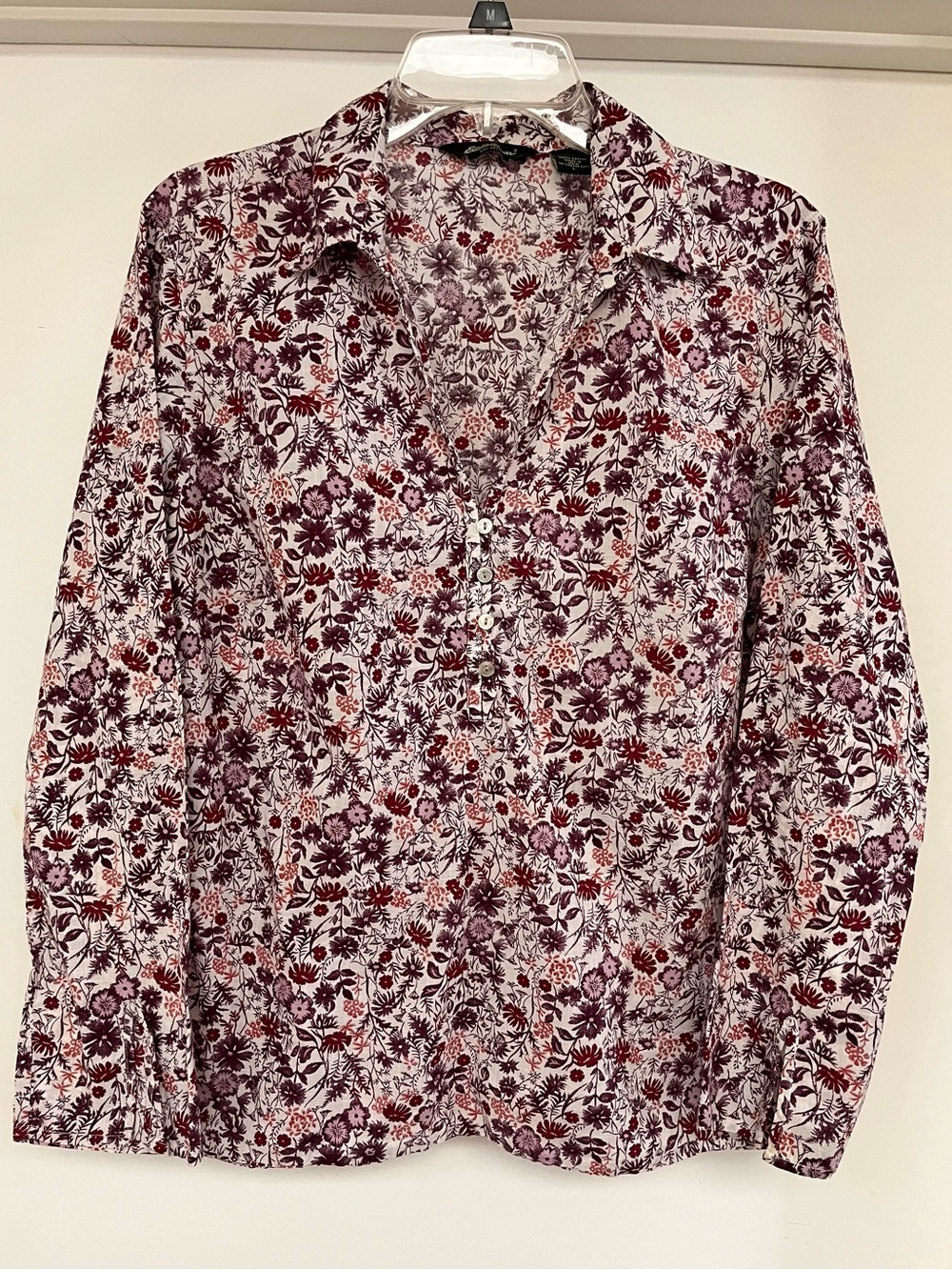 Eddie Bauer Floral Half Button Pullover Shirt - Burgundy, Purple